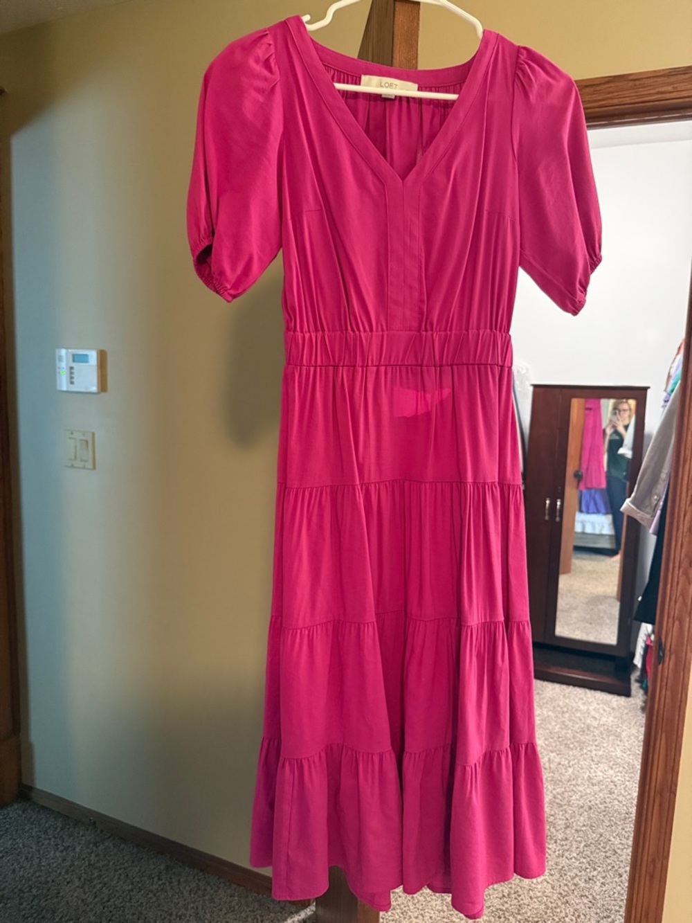 LOFT Pink Puff-Sleeve Tiered Midi Dress